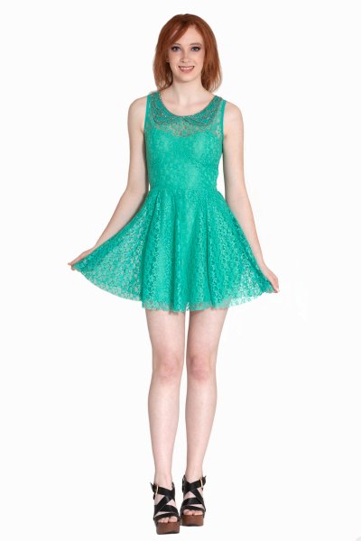 Lace Flared Dress with Beaded Neckline by Yetts