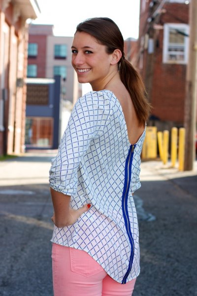 Checkered Blouse With Exposed Zipper Back by Pink Owl