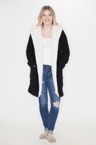 Black Hooded Shearling Jacket by She and Sky