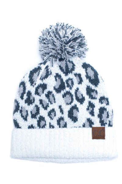 White Leopard Print Pom Beanie by C.C.