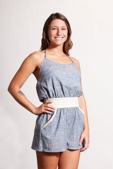 Crochet Waist Denim Romper by P.S. Kate